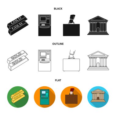 Altın Bar, Atm, banka binası, para ile bir durum. Para ve finans koleksiyonu Icons set siyah, düz, anahat stili vektör simge stok çizim web.