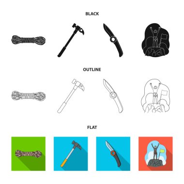 Dağcı fethedilen top, ip, bıçak, çekiç bobin. Dağcılık koleksiyonu Icons set siyah, düz, anahat stili vektör simge stok çizim web.