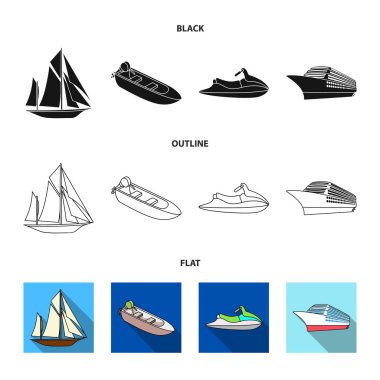 Antik Yelkenli, motorlu tekne, scooter, deniz gemisi. Gemi ve Su ulaştırma araçları koleksiyonu Icons set siyah, düz, anahat stili vektör simge stok çizim web.