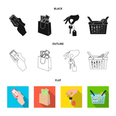 Cep telefonu, para ve diğer web simge siyah, düz, bir paket tarzı anahat. elinde bir sepet ile gıda simgeler kümesi koleksiyonundaki bir anahtar.
