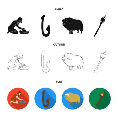 Sığır, yakalamak, kanca, Balık tutma. Taş devri koleksiyonu Icons set siyah, düz, anahat stili vektör simge stok çizim web.