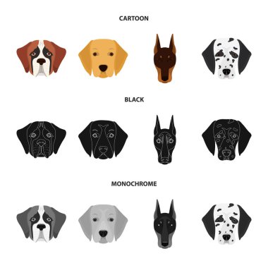 Farklı doğurmak-in köpek ağızlık. St. Bernard, golden retriever, Doberman, Dalmaçyalı doğurmak köpek toplama simgeler çizgi film, siyah, tek renkli stil vektör simge stok çizim web içinde ayarla..
