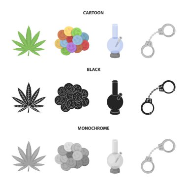 Kenevir yaprak, ecstasy hap, kelepçe, bong. İlaç toplama simgeler çizgi film, siyah, tek renkli stil vektör simge stok çizim web içinde ayarla..