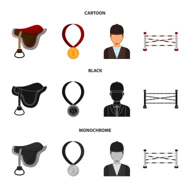 Eyer, madalya, şampiyon, kazanan. Hipodrom ve at toplama simgeler çizgi film, siyah, tek renkli stil vektör simge stok çizim web ayarla.