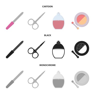 Tırnak törpüsü, makaslar, çivi, parfüm, pudra fırçası ile için. Makyaj çizgi film, siyah, tek renkli stil vektör simge stok çizimde koleksiyon Icons set .