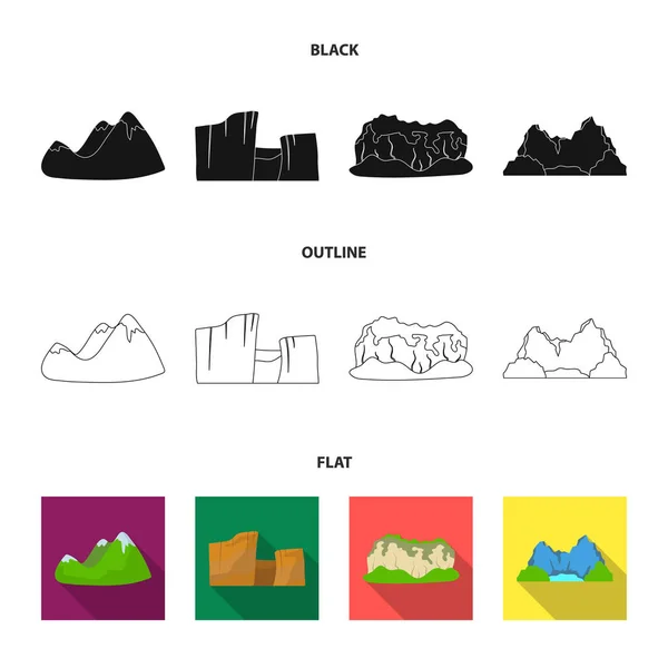 Berg med snö toppar, en kanjon, stenar med skogar, en lagun och stenar. Olika bergen som samling ikoner i svart, platt, disposition stil vektor symbol stock illustration web. — Stock vektor