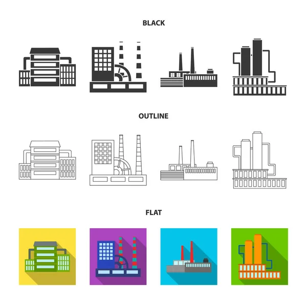 Indústria, production.Factory conjunto coleção ícones em preto, plano, esboço estilo vetor símbolo estoque ilustração web . — Vetor de Stock