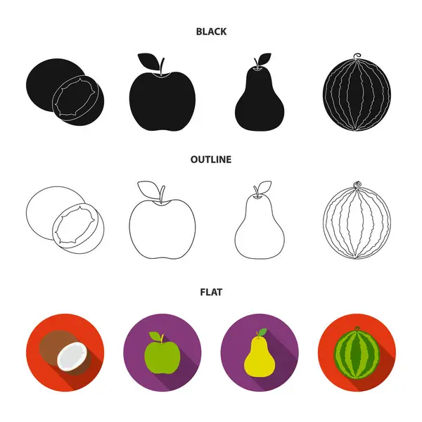 Noix de coco, pomme, poire, pastèque. Fruits ensemble icônes de la collection en noir, plat, contour style vectoriel symbole illustration web . — Image vectorielle