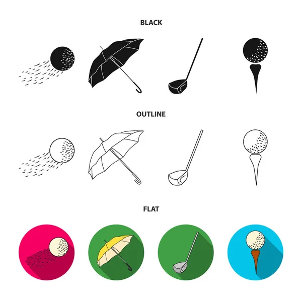 Létající míč, žlutý deštník, golfový klub, míč na stojan. Golf Club sada kolekce ikon v černé, ploché, osnovy styl vektor symbol skladem ilustrace web. — Stockový vektor