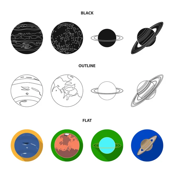 Neptuno, Marte, Saturno, Urano do Sistema Solar. Planetas conjunto coleção ícones em preto, plano, esboço estilo vetor símbolo estoque ilustração web . — Vetor de Stock