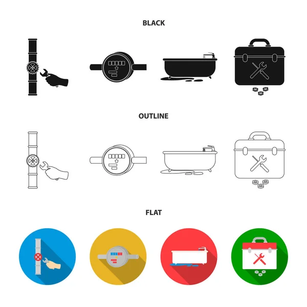 Medidor de agua, baño y otros equipment.Plumbing conjunto colección iconos en negro, plano, contorno estilo vector símbolo stock ilustración web . — Archivo Imágenes Vectoriales