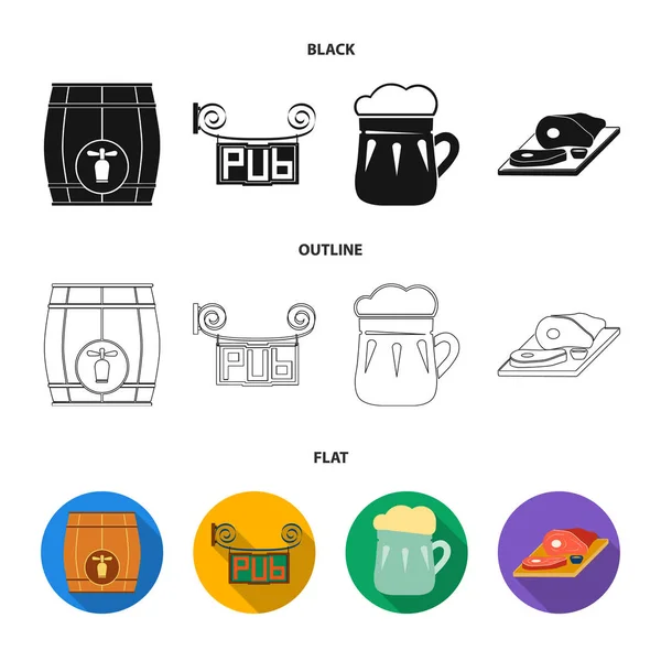 Een houten vat met een kraan, het teken van een pub, een mok van bier, stukken vlees op een bord. Pub instellen collectie iconen in zwart, plat, overzicht stijl vector symbool stock illustratie web. — Stockvector