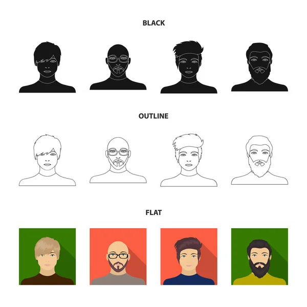 眼鏡とひげ、髭の男、髪型の男の出現でハゲ男の顔。顔と姿コレクションでアイコンを設定ブラック、フラット、アウトライン スタイル ベクター シンボル素材 — ストックベクタ