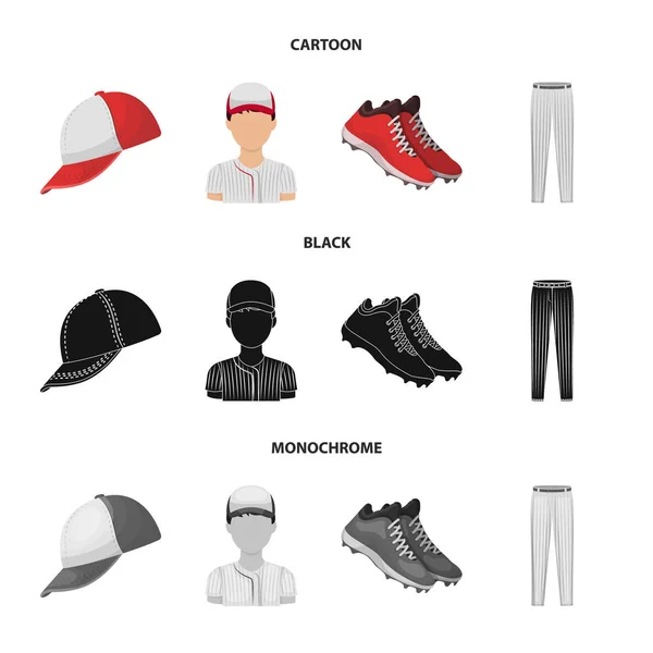Gorra de béisbol, jugador y otros accesorios. Béisbol conjunto colección iconos en dibujos animados, negro, monocromo estilo vector símbolo stock ilustración web . — Vector de stock