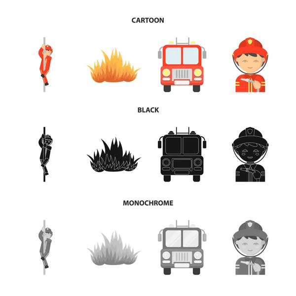 炎の消防士は消防車です。火 departmentset 漫画、黒、白黒スタイル ベクトル シンボル ストック イラスト web コレクションのアイコンを設定. — ストックベクタ