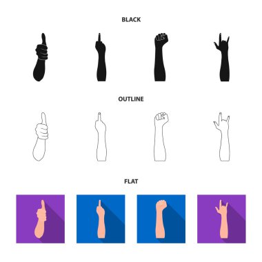 İşaret dili siyah, düz, set koleksiyonu tasarım için anahat simgeleri. Duygusal iletişim vektör simge stok web illüstrasyon parçası.