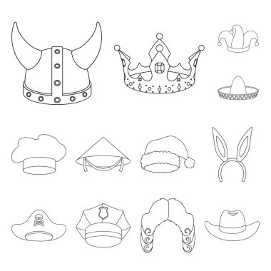 Şapka çeşitleri set koleksiyonu tasarım için simgeleri anahat. Headdress vektör simge stok web çizimi.