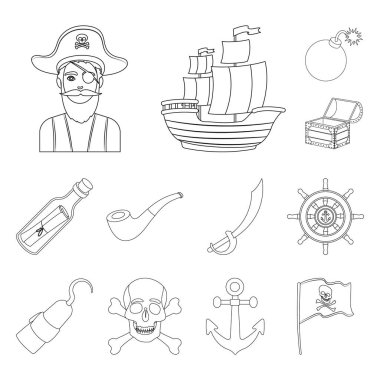 Korsan, deniz soyguncu anahat simgeleri set koleksiyonu tasarım için. Hazineler, öznitelikleri sembol stok web illüstrasyon vektör.