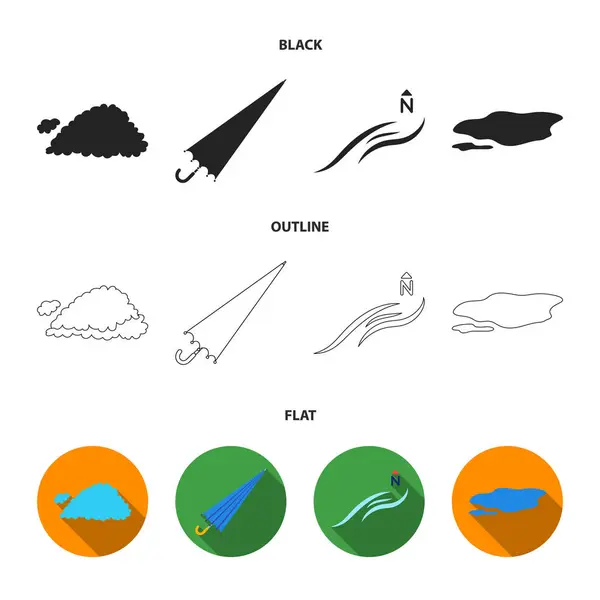 Nuage, parapluie, vent du nord, flaque d'eau au sol. Les icônes de la collection ensemble météo en noir, plat, contour style vectoriel symbole illustration web . — Image vectorielle