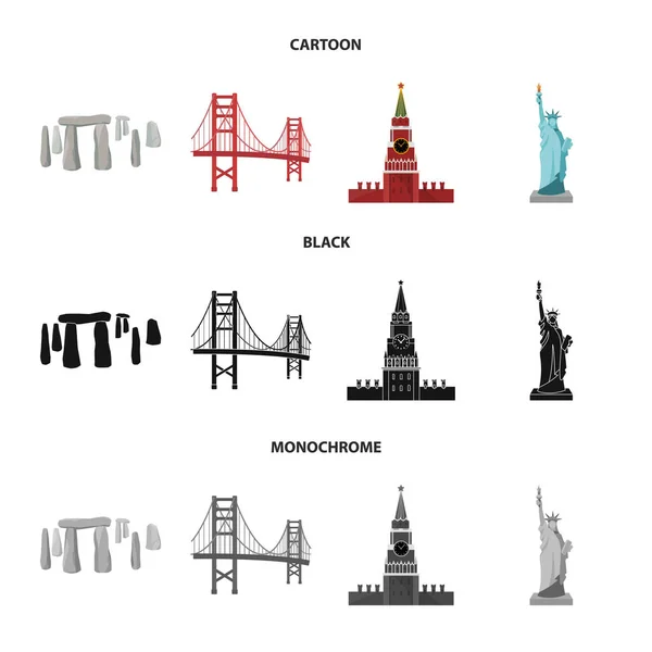 Imagens de diferentes países desenhos animados, preto, ícones monocromáticos em coleção de conjuntos para design. Famosa construção vetor símbolo web ilustração . — Vetor de Stock