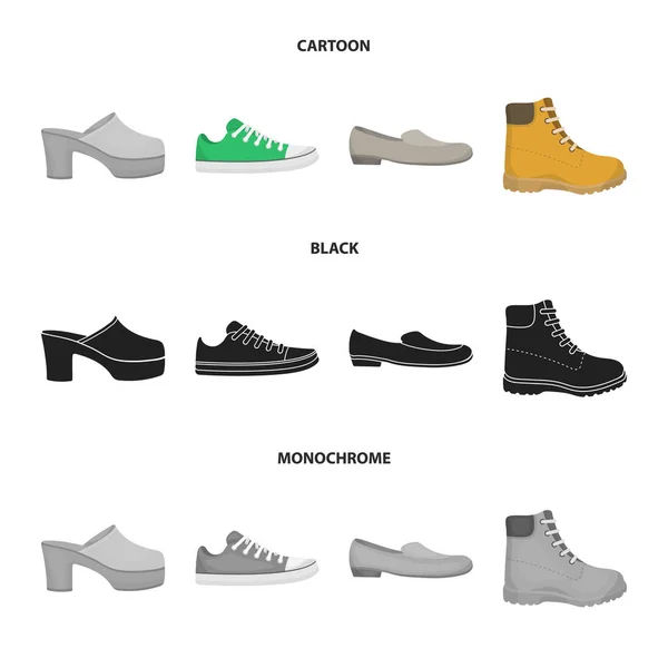 Flip-Flops, Holzschuhe auf hohem Plateau und Absatz, grüne Turnschuhe mit Schnürsenkeln, weibliche graue Ballettflachs, rote Schuhe an der Traktorsohle. Schuhe set collection icons in cartoon, schwarz, monochrom stil vektor — Stockvektor