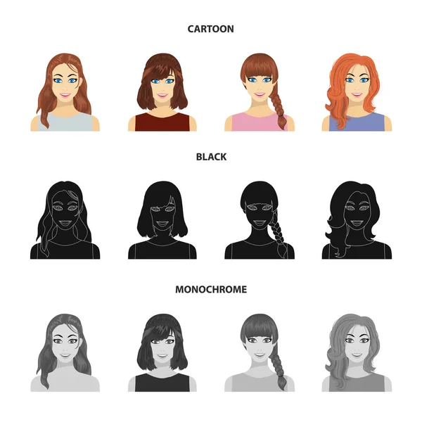 Types of female hairstyles cartoon, black, monochrome icons in set collection for design. Внешний вид веб-иллюстрации женского векторного символа . — стоковый вектор