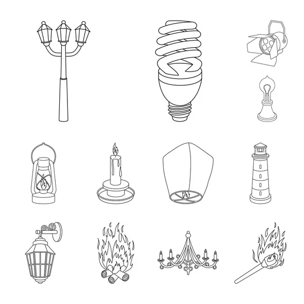 Ljuskällan disposition ikoner i set insamling för design. Ljus och utrustning vektor symbol lager web illustration. — Stock vektor