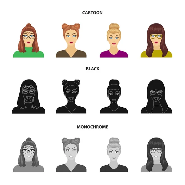 The face of a girl with glasses, a woman with a hairdo. Face and appearance set collection icons in cartoon,black,monochrome style vector symbol stock illustration web. — Stock Vector
