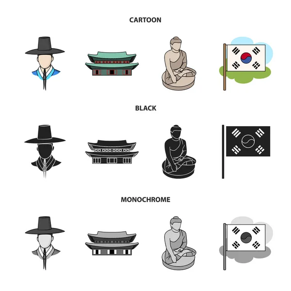 Coreano en tocado nacional, monasterio coreano, estatuilla de Buda, bandera nacional. Corea del Sur conjunto de iconos de colección en dibujos animados, negro, monocromo estilo vector símbolo stock ilustración web . — Archivo Imágenes Vectoriales