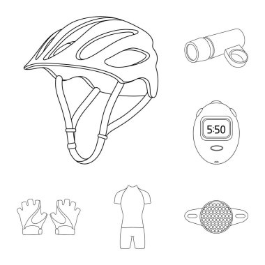 Bisiklet kıyafeti anahat simgeleri set koleksiyonu tasarım için. Bisiklet ve araç vektör simge stok web çizim.