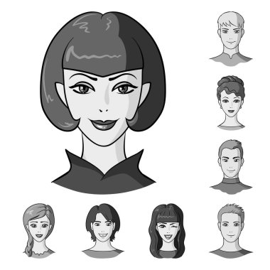 Avatar ve yüz tek renkli simgeler set koleksiyonu tasarım için. Bir kişi görünümü vektör simge stok web çizim.