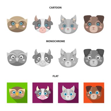 Baykuş, inek, kurt, köpek. Hayvan namlu küme toplama simgeler karikatür, düz, tek renkli stil vektör simge stok çizim web.