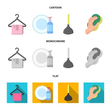 Temizlik ve hizmetçi, düz, tek renkli simgeler set koleksiyonu tasarım için karikatür. Vektör simge stok web illüstrasyon Temizleme için donatım.