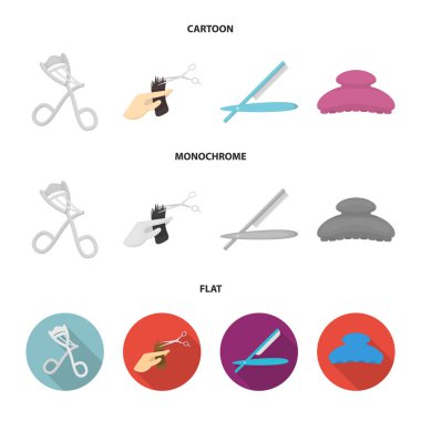 Makas, fırça, jilet ve diğer ekipmanlar. Kuaför küme toplama simgeler karikatür, düz, tek renkli stil vektör simge stok çizim web.