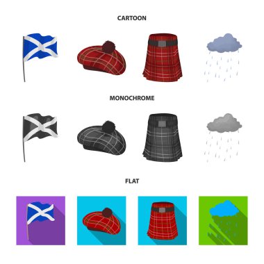 Bayrak, İskoç eteği, yağışlı hava, cap. İskoçya ülke küme toplama simgeler karikatür, düz, tek renkli stil vektör simge stok çizim web.