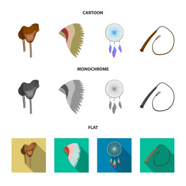 Eyer, Hint mohawk, kırbaç, Rüya yakalayıcı. Vahşi Batı küme toplama simgeler karikatür, düz, tek renkli stil vektör simge stok çizim web.