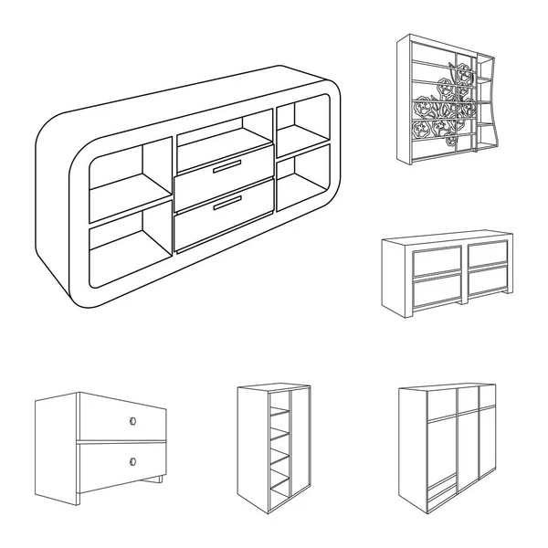 Yatak Odası Mobilya set koleksiyonu tasarım için anahat simgeleri. Modern ahşap mobilya izometrik vektör simge stok web çizimi. — Stok Vektör