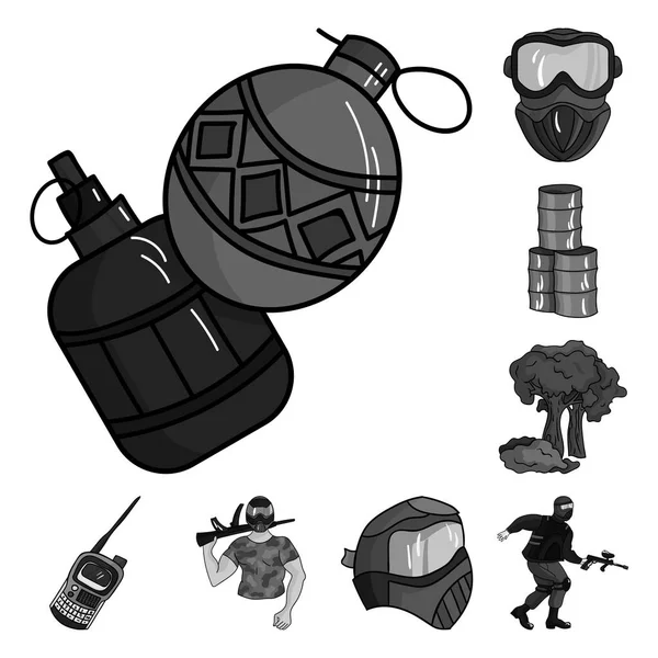 Пейнтбол, командная игра монохромные иконы в коллекции наборов для дизайна. Иллюстрация векторных символов оборудования и снаряжения . — стоковый вектор