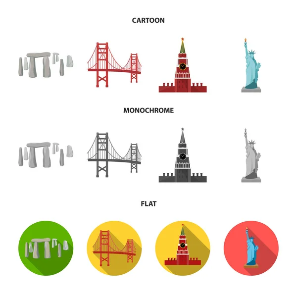 Lugares de interés de diferentes países de dibujos animados, planos, iconos monocromáticos en la colección de conjuntos para el diseño. Famoso edificio vector símbolo stock web ilustración . — Vector de stock