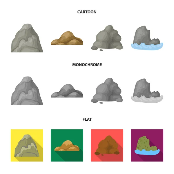 Боулдеры, округлые горы, скалы в море. Различные горы настраивают иконки коллекции в мультфильме, плоский, монохромный стиль векторных символов иконок . — стоковый вектор