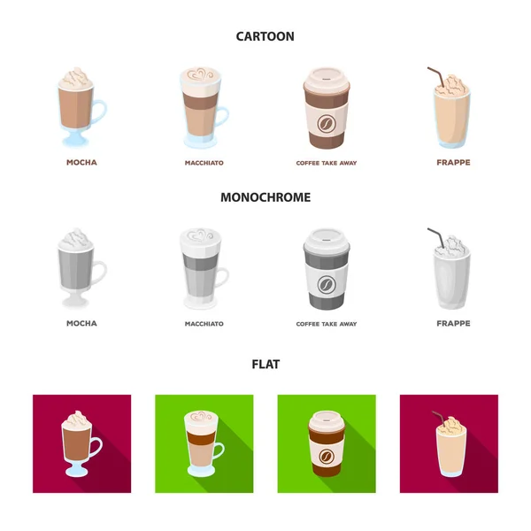 Mocha, macchiato, frappe, tomar café.Diferentes tipos de ícones de coleção de conjuntos de café em desenhos animados, plana, estilo monocromático símbolo vetorial web ilustração . —  Vetores de Stock