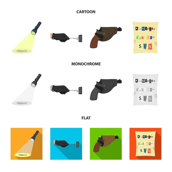 The detective flashlight illuminates the footprint, the criminal hand with the master key, a pistol in the holster, the kidnapper claim. Crime and detective set collection icons in cartoon,flat — Stock Vector