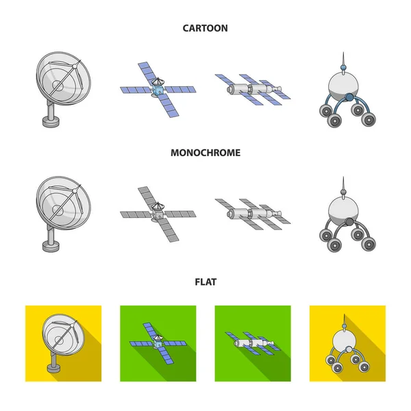 Radioradar, Andockmanöver im Weltraum, lunokhod. Space Technology Set Sammlung Symbole in Cartoon, flach, monochromen Stil Vektor Symbol Stock Illustration Web. — Stockvektor