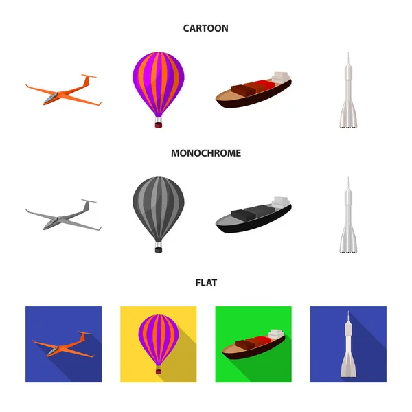 Eine Drohne, ein Segelflugzeug, ein Ballon, ein Transportkahn, eine Weltraumrakete. Transport Set Sammlung Symbole in Cartoon, flach, monochromen Stil Vektor Symbol Stock Illustration Web. — Stockvektor