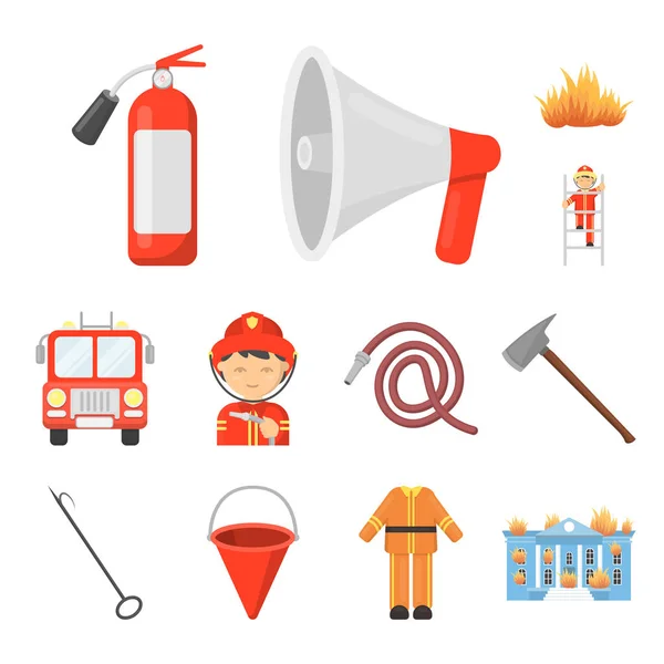 Brandweer cartoon pictogrammen in set collectie voor design. Brandweerlieden en apparatuur vector symbool voorraad web illustratie. — Stockvector