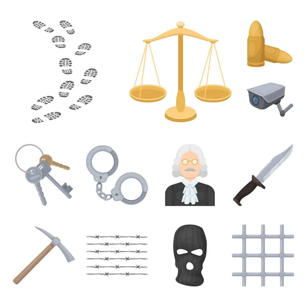 Prisão e os ícones de desenhos animados criminais na coleção de conjuntos para design.Prison e Atributos símbolo vetorial ilustração web . — Vetor de Stock