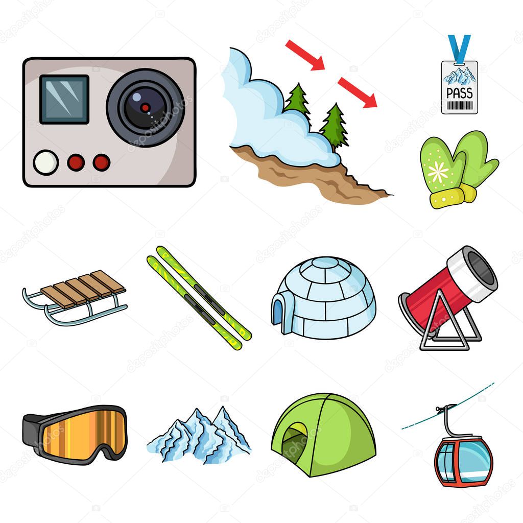 Ski resort and equipment cartoon icons in set collection for design. Entertainment and recreation vector symbol stock  illustration.