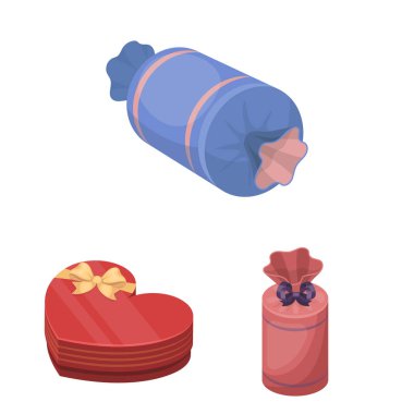 Hediye ve set koleksiyonu tasarım için karikatür simgeleri ambalaj. Renkli ambalaj sembol stok web illüstrasyon vektör.