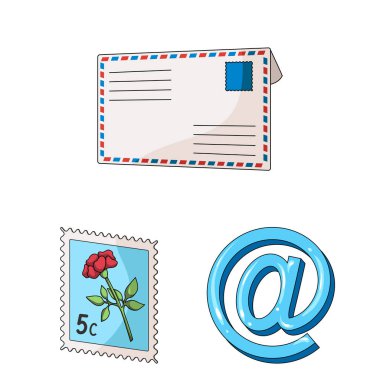 Set koleksiyonu tasarım için posta ve postacı karikatür simgeler. Posta ve ekipman sembol stok web illüstrasyon vektör.