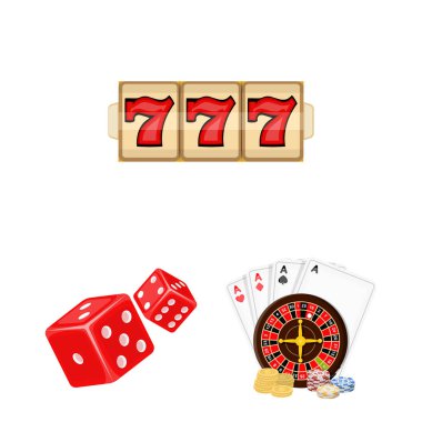 Set koleksiyonu tasarım için Casino ve ekipman karikatür simgeler. Kumar ve para sembol stok web illüstrasyon vektör.